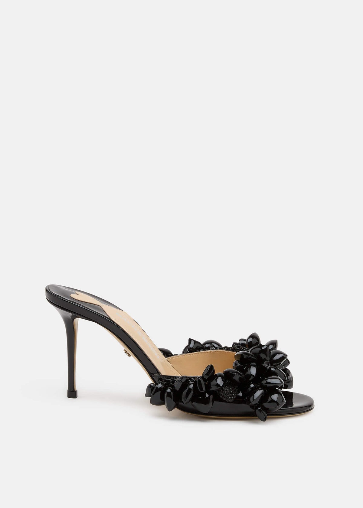 Madeleine Black Patent Leather Mules – front three-quarter view showing patent leather, metallic, black, red, Vowalisse