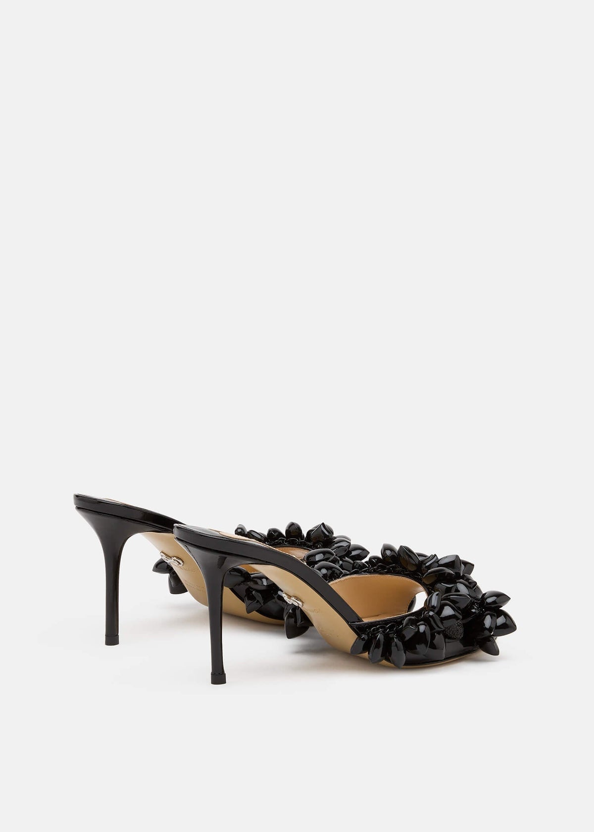 Madeleine Black Patent Leather Mules – heel view showing patent leather, metallic, black, red, Vowalisse