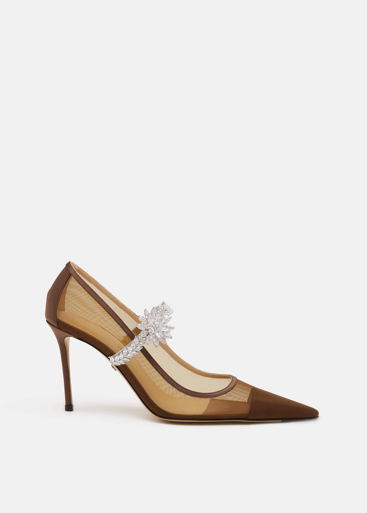 Sylvie Brown Lotus Flower Pumps – front three-quarter view showing lotus flower, crystal, mesh, metallic, Vowalisse