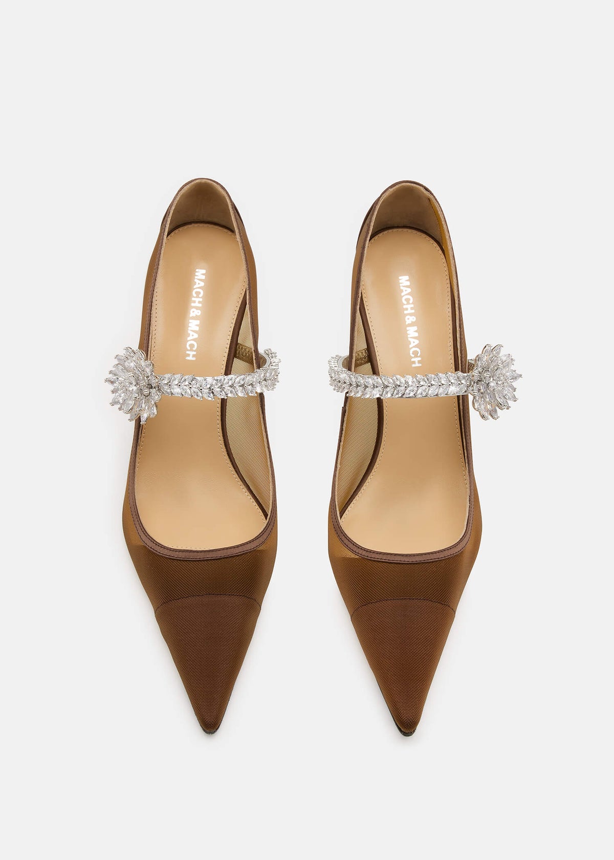 Sylvie Brown Lotus Flower Pumps – crystal detail view showing lotus flower, crystal, mesh, metallic, Vowalisse