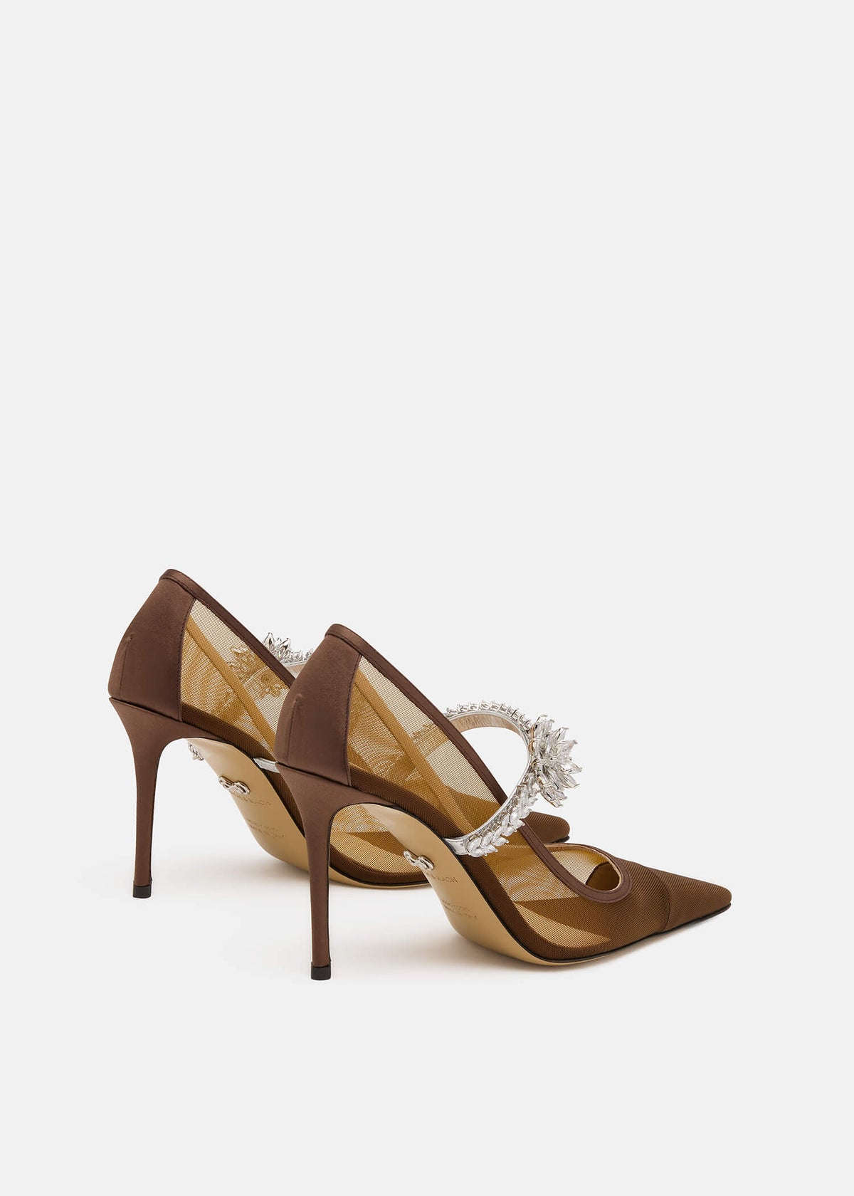 Sylvie Brown Lotus Flower Pumps – heel view showing lotus flower, crystal, mesh, metallic, Vowalisse