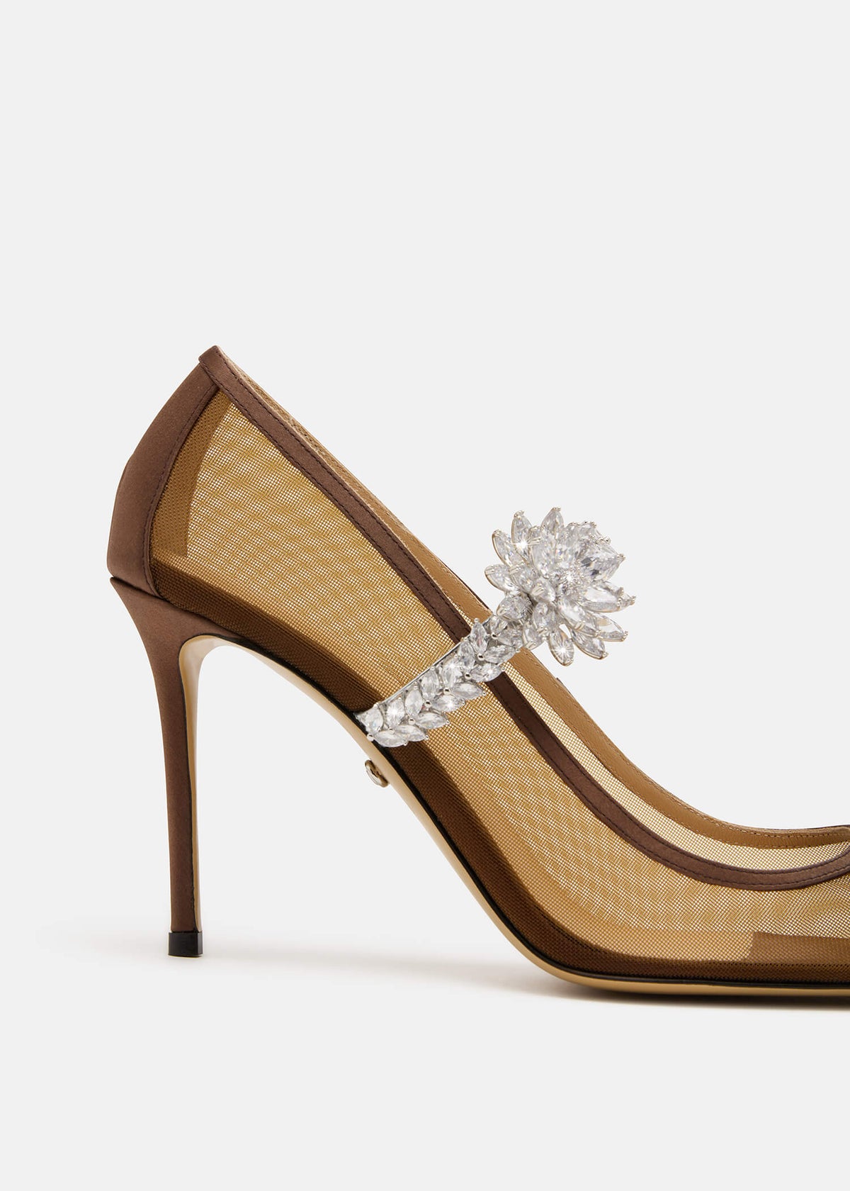 Sylvie Brown Lotus Flower Pumps – rear view showing lotus flower, crystal, mesh, metallic, Vowalisse