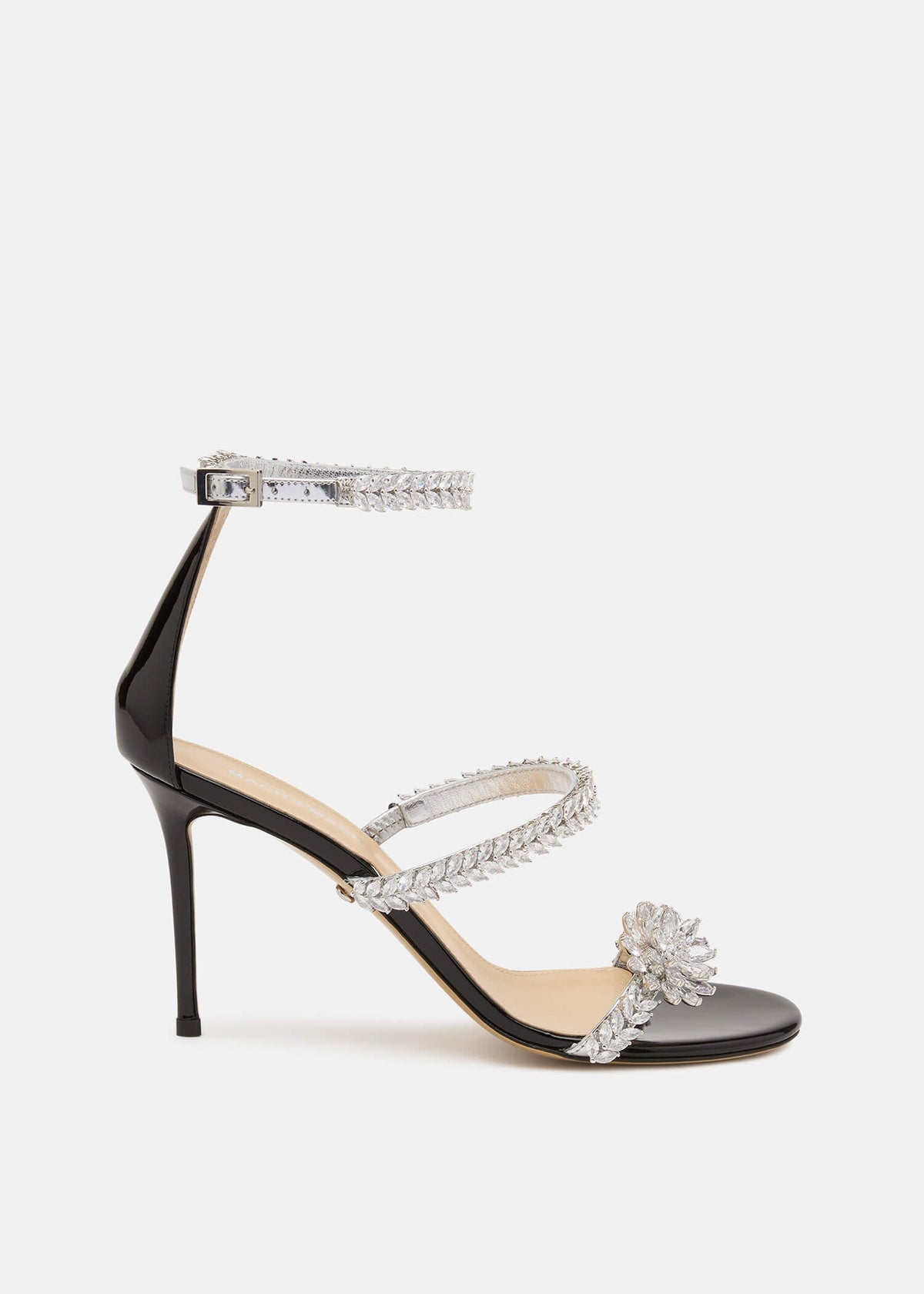 Ravella Black Lotus Flower Sandals – front three-quarter view showing lotus flower, crystal, patent leather, black…