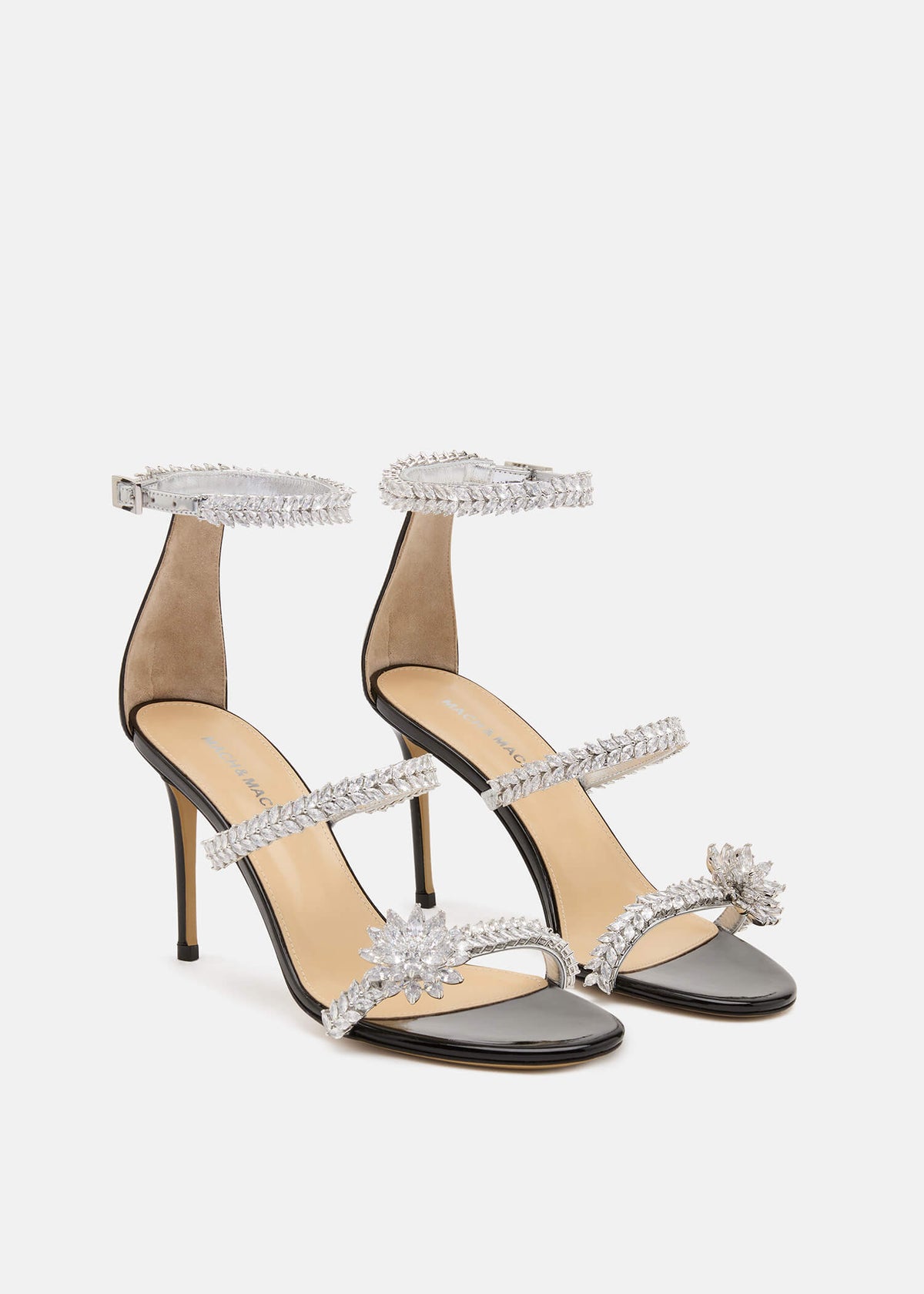 Ravella Black Lotus Flower Sandals – side profile showing lotus flower, crystal, patent leather, black, Vowalisse