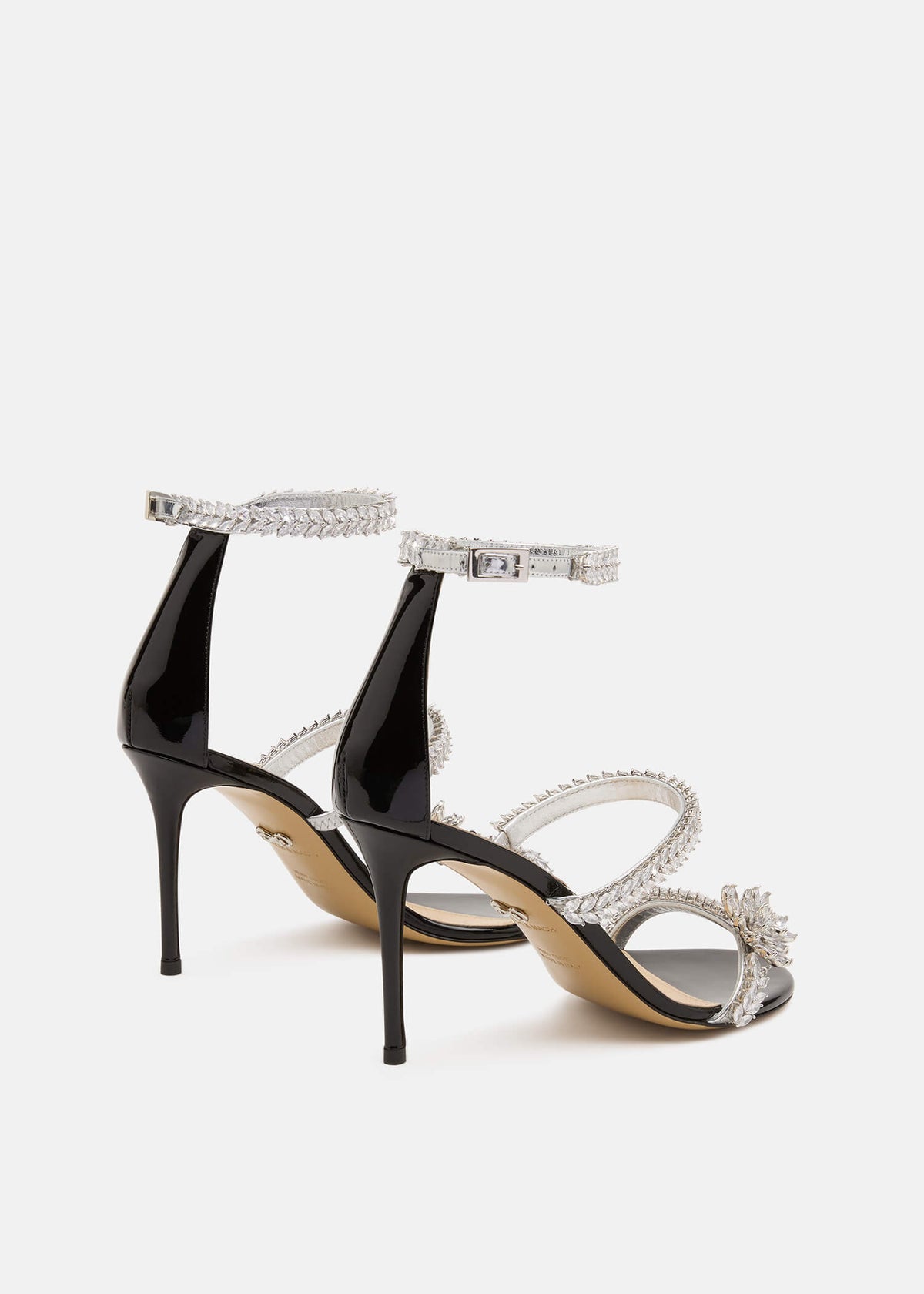 Ravella Black Lotus Flower Sandals – heel view showing lotus flower, crystal, patent leather, black, Vowalisse