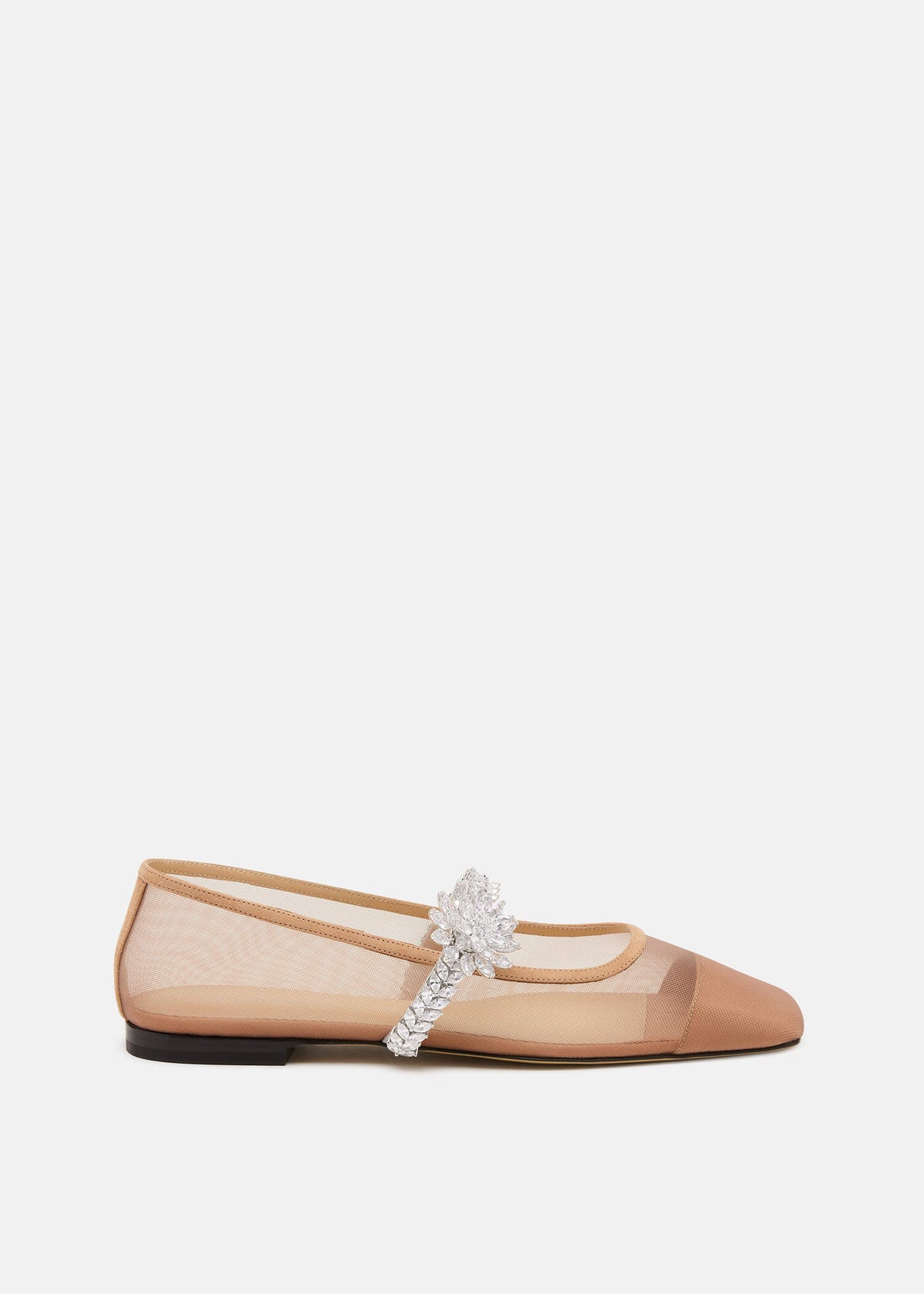 Priscilla Nude Lotus Flower Flats – front three-quarter view showing lotus flower, crystal, mesh, nude, Vowalisse