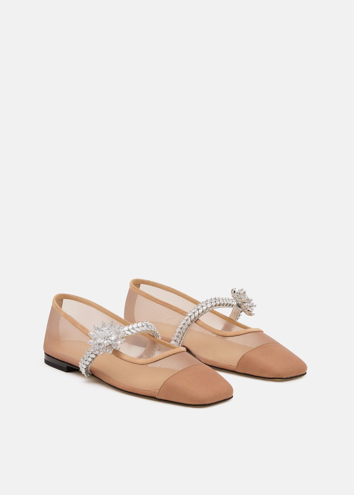 Priscilla Nude Lotus Flower Flats – side profile showing lotus flower, crystal, mesh, nude, Vowalisse
