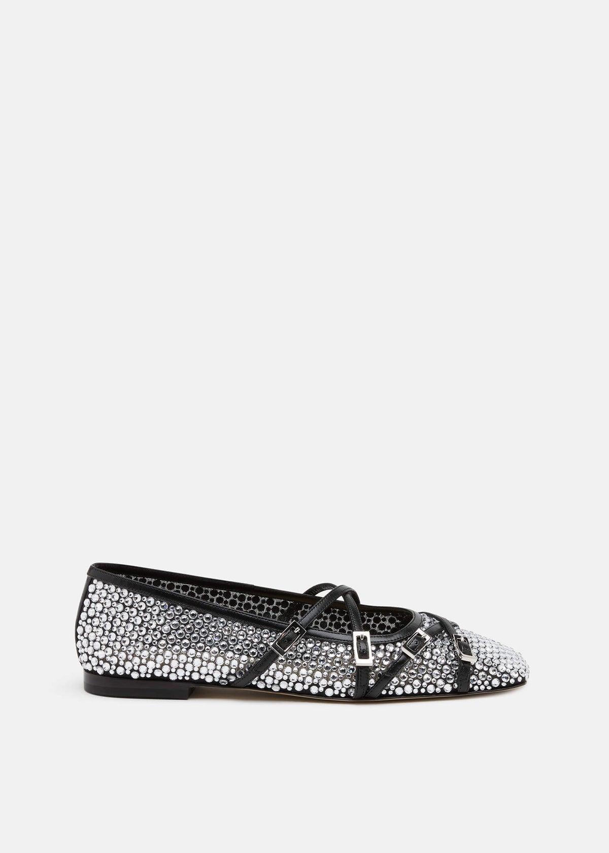 Orielle Black Crystal Net Flats – front three-quarter view showing crystal net, black, Vowalisse