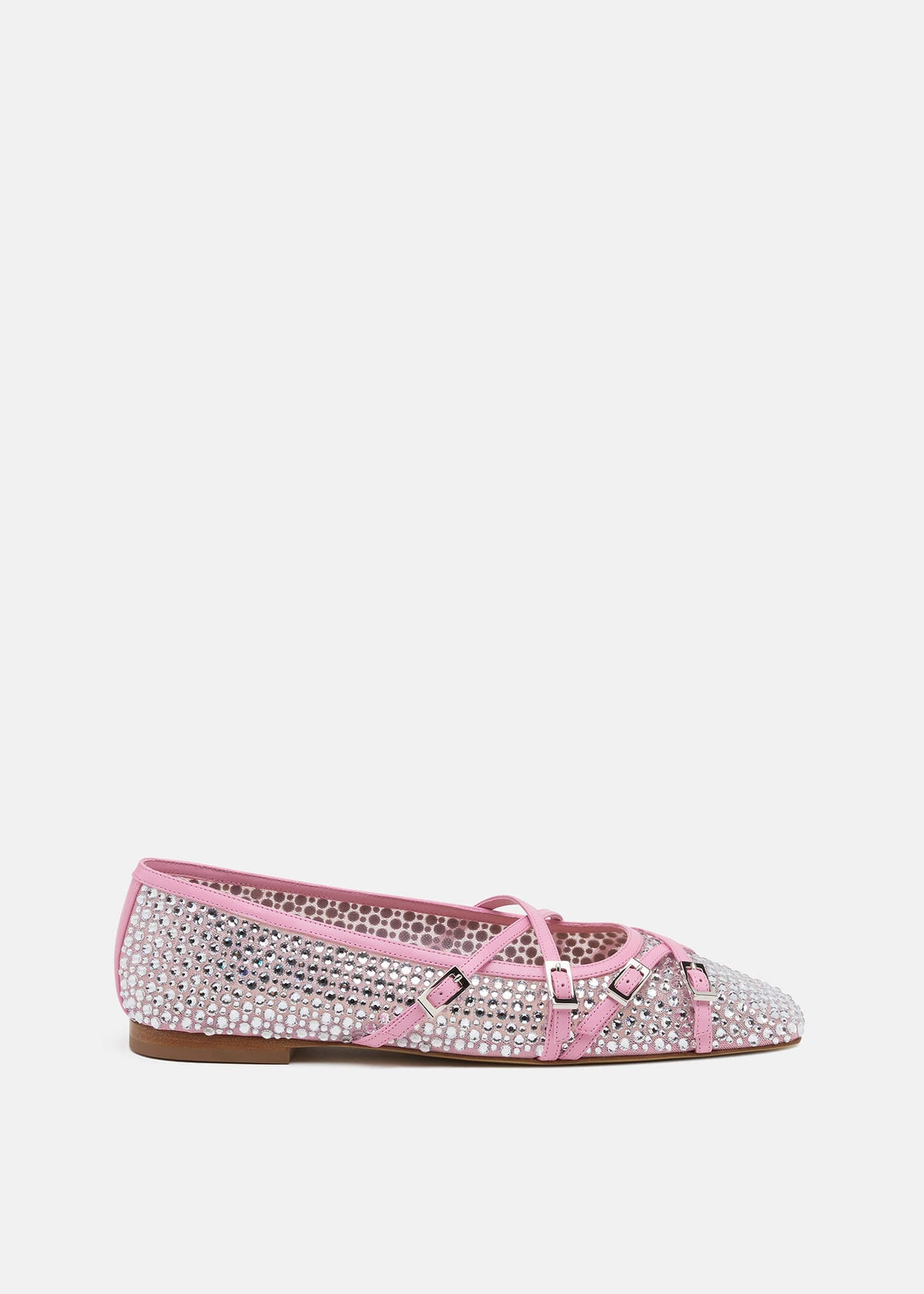 Nicolina Pink Crystal Net Flats – front three-quarter view showing crystal net, pink, Vowalisse