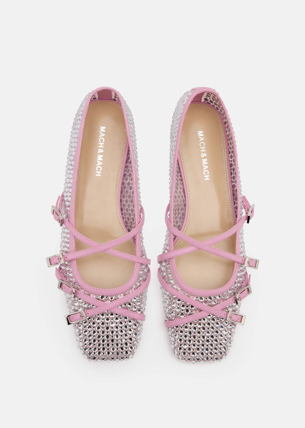 Nicolina Pink Crystal Net Flats – crystal detail view showing crystal net, pink, Vowalisse