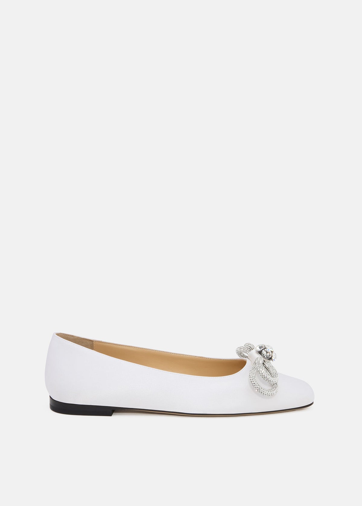 Delphine White Double Bow Flats – front three-quarter view showing double bow, crystal, satin, white, Vowalisse