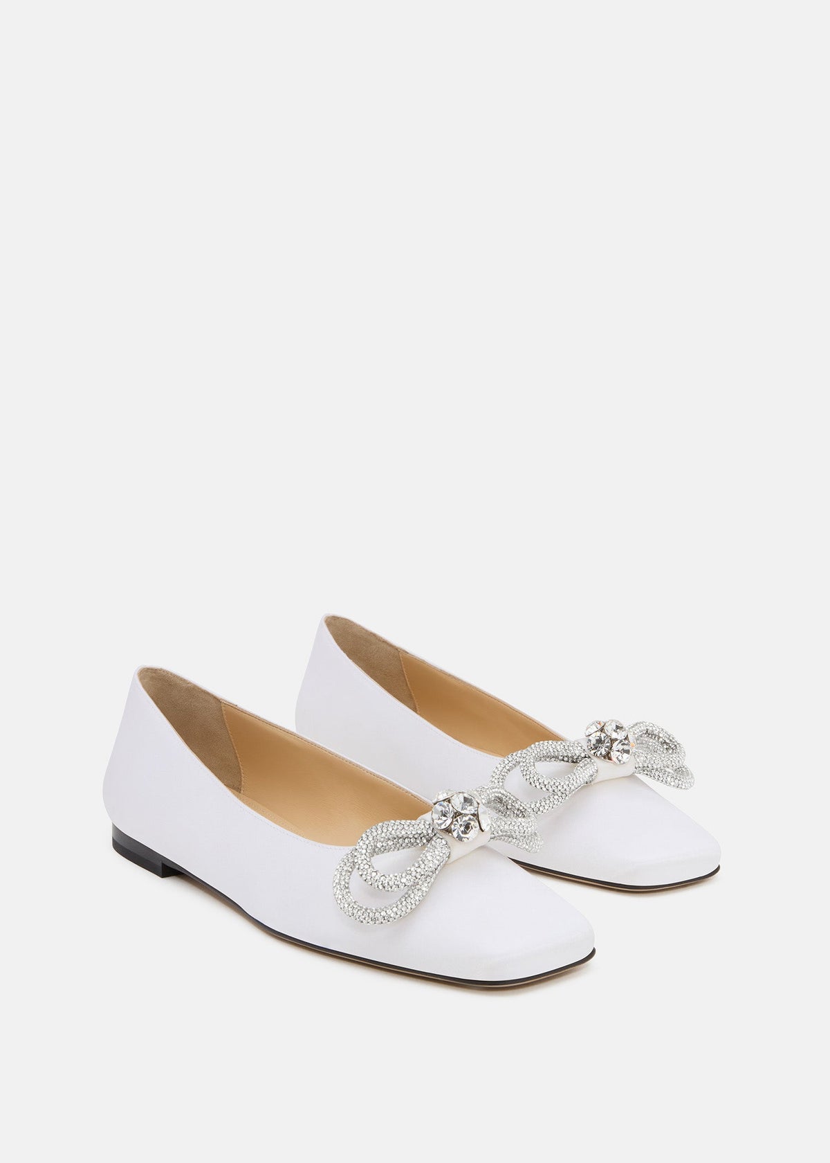 Delphine White Double Bow Flats – side profile showing double bow, crystal, satin, white, Vowalisse