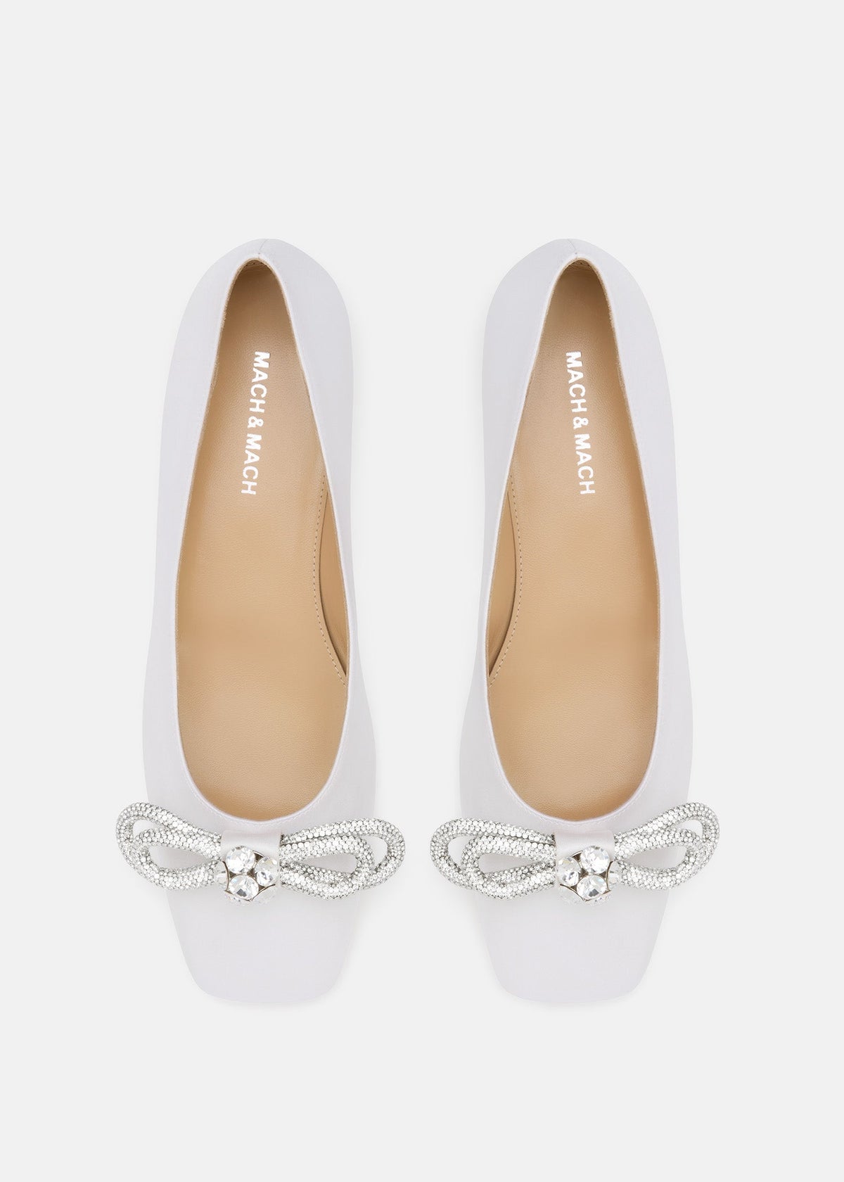 Delphine White Double Bow Flats – crystal detail view showing double bow, crystal, satin, white, Vowalisse