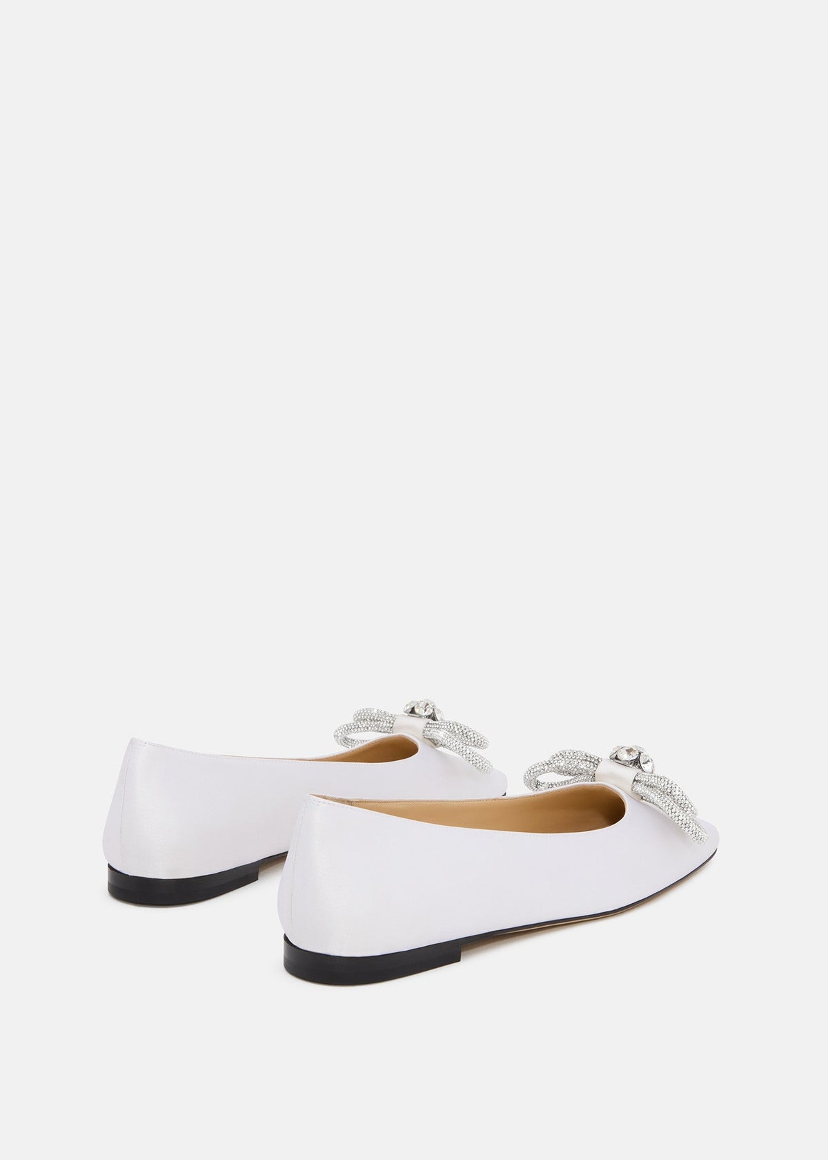 Delphine White Double Bow Flats – heel view showing double bow, crystal, satin, white, Vowalisse