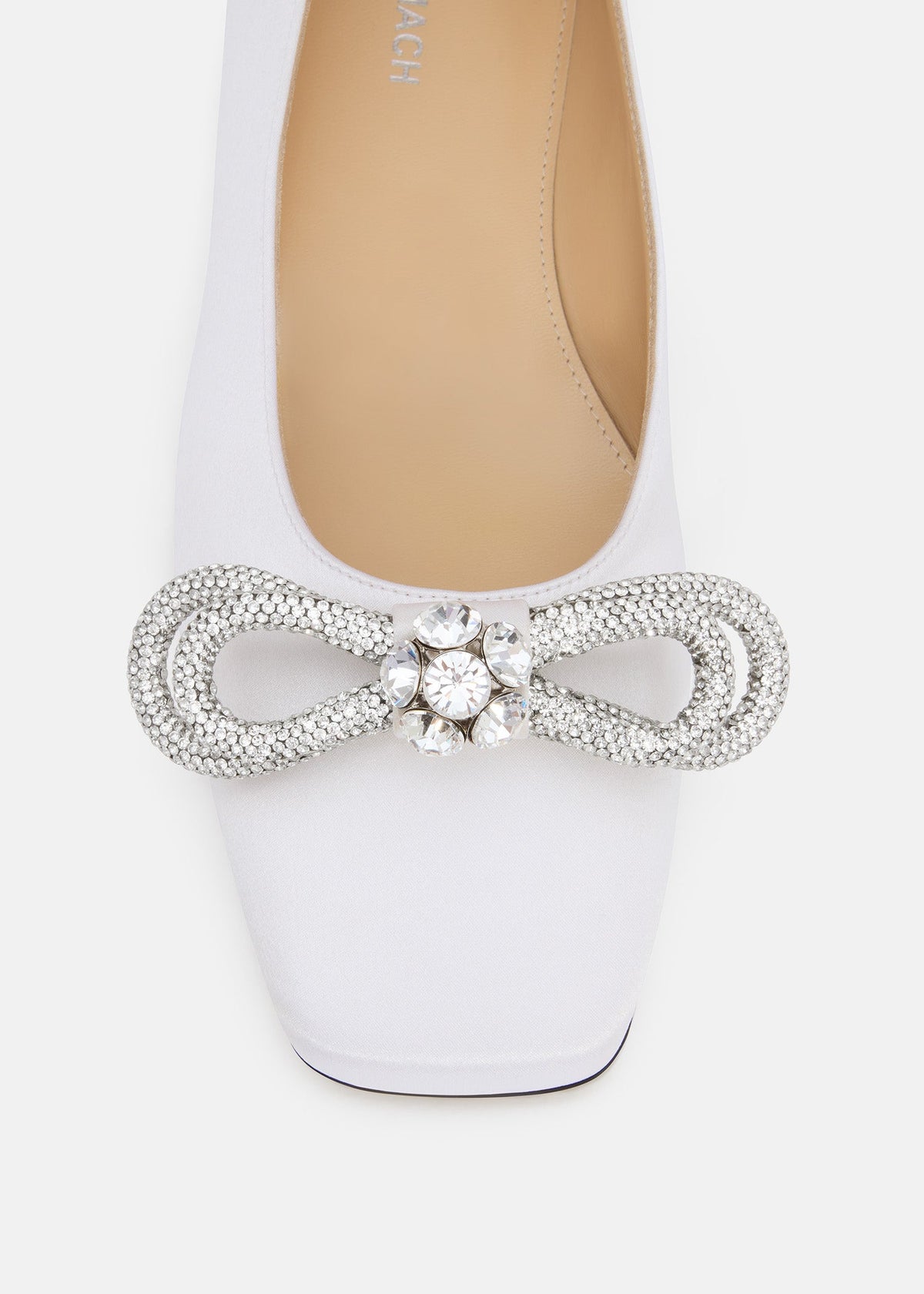 Delphine White Double Bow Flats – rear view showing double bow, crystal, satin, white, Vowalisse