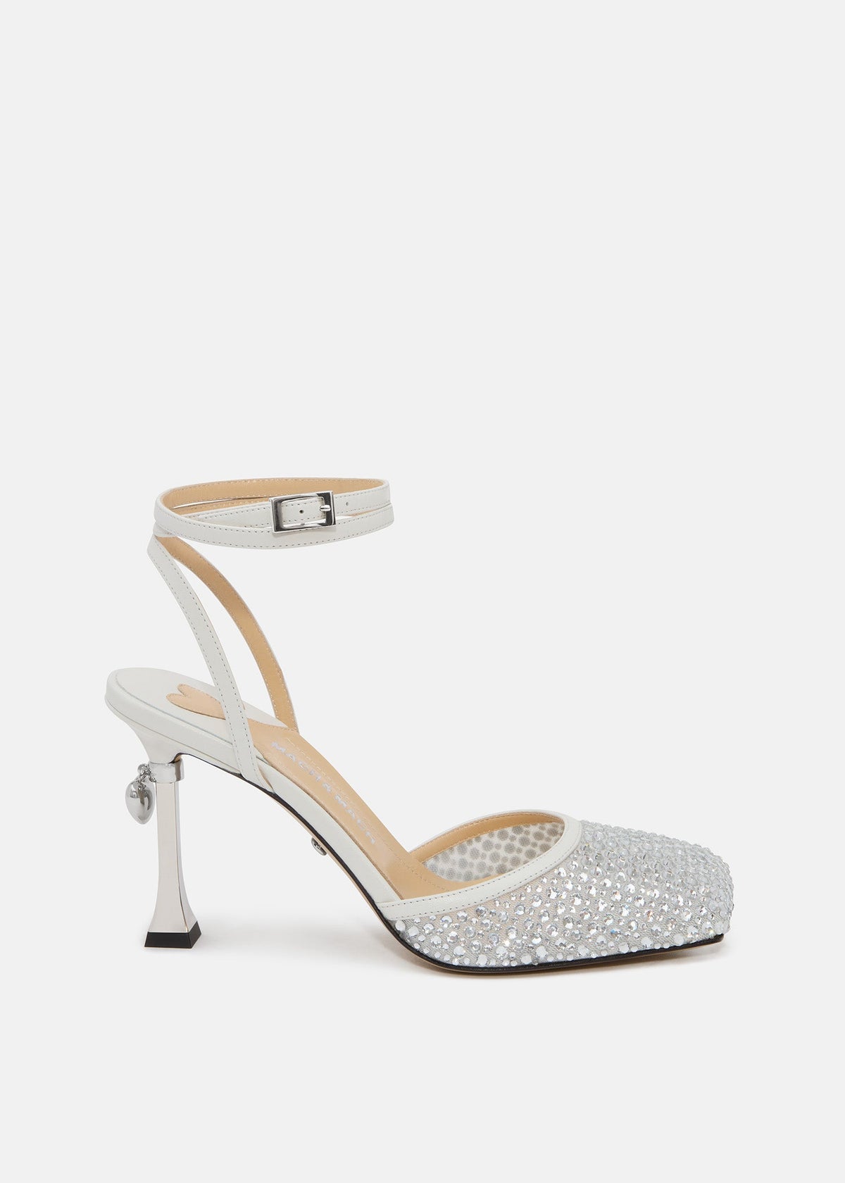 Emmeline White Crystal Shoes – front three-quarter view showing crystal, metallic, white, red, Vowalisse