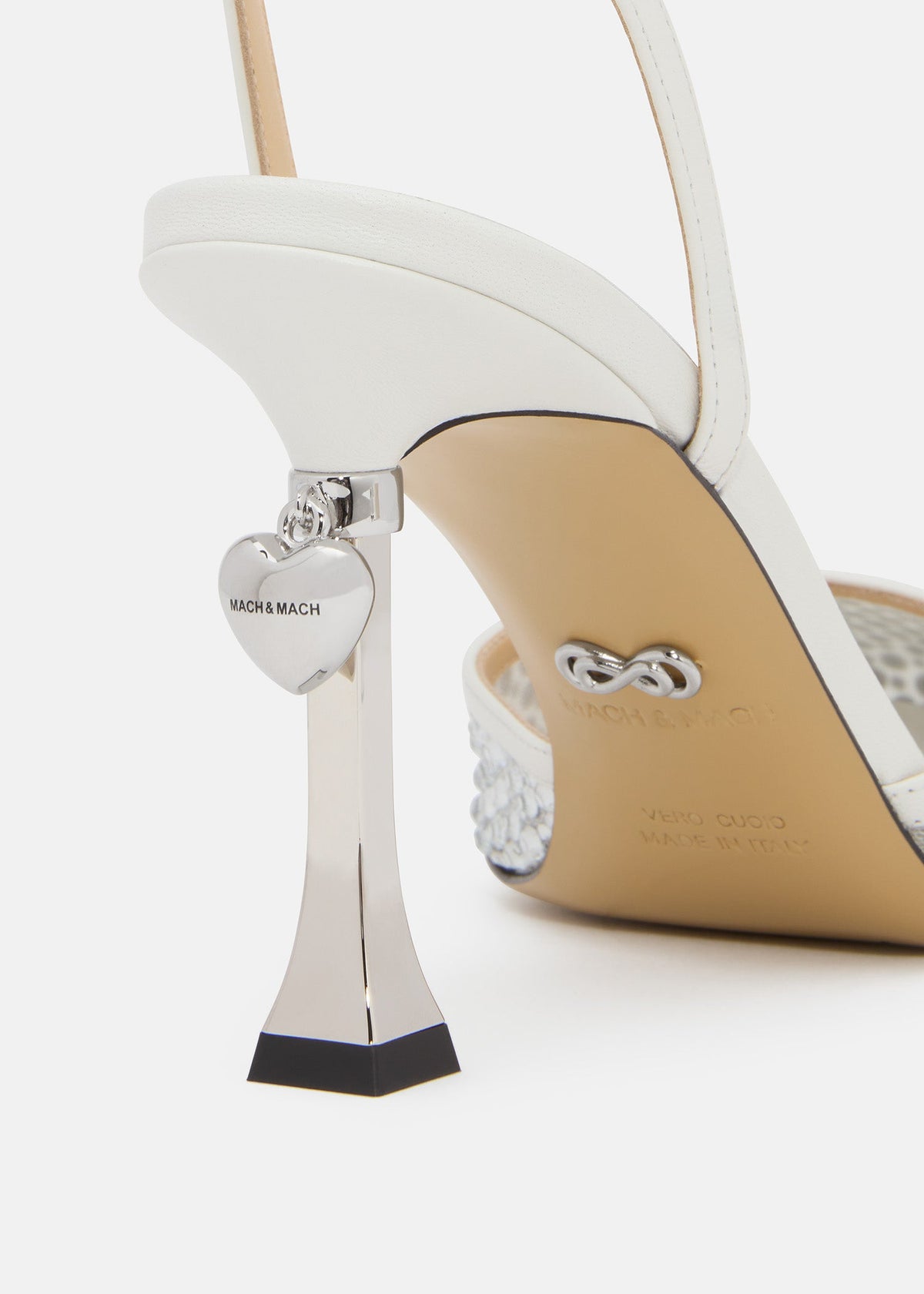 Emmeline White Crystal Shoes – rear view showing crystal, metallic, white, red, Vowalisse