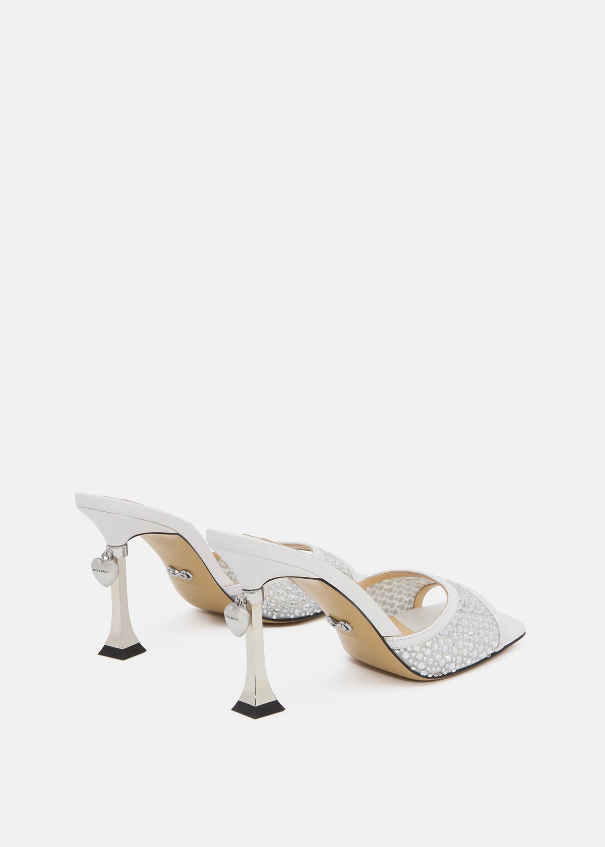 Colette White Crystal Mules – heel view showing crystal, metallic, white, red, Vowalisse