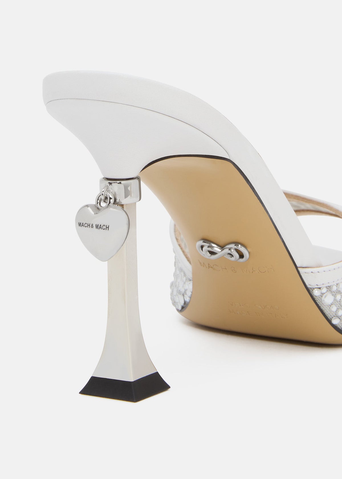 Colette White Crystal Mules – rear view showing crystal, metallic, white, red, Vowalisse