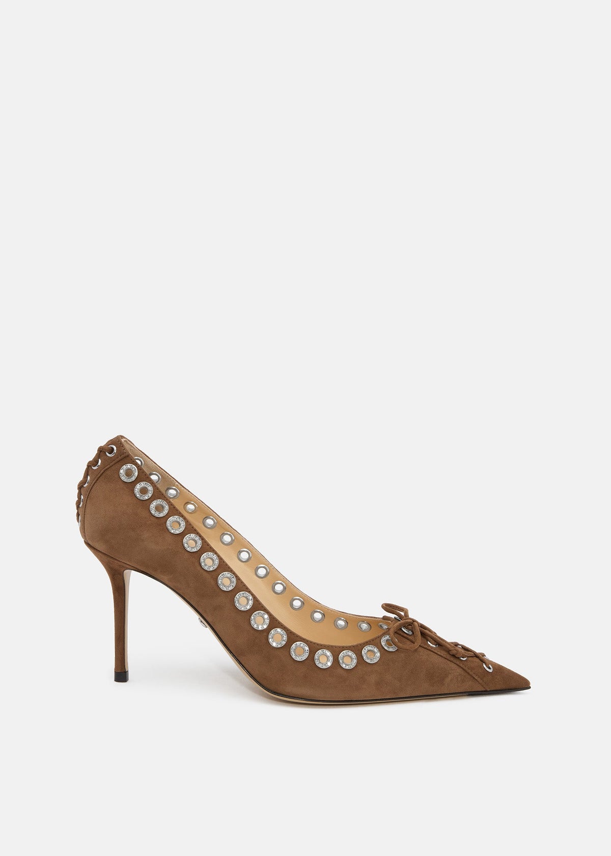 Lisette Dark Brown Crystal Pumps – front three-quarter view showing crystal, suede, brown, Vowalisse