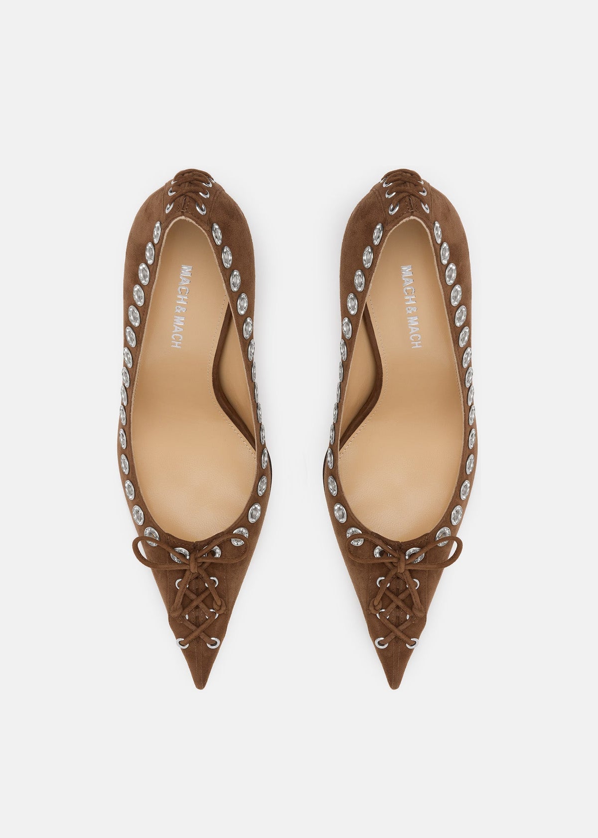 Lisette Dark Brown Crystal Pumps – crystal detail view showing crystal, suede, brown, Vowalisse