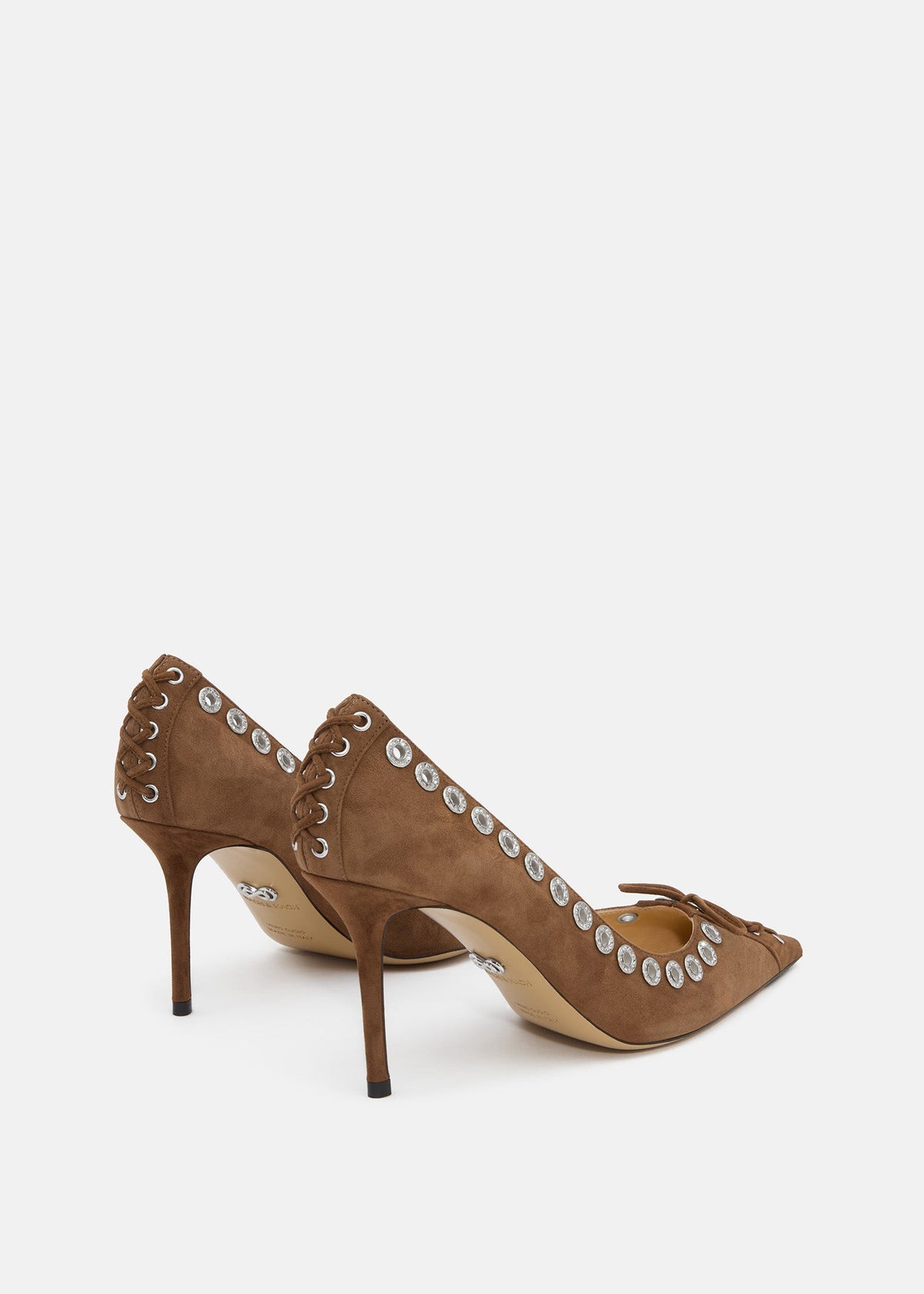 Lisette Dark Brown Crystal Pumps – heel view showing crystal, suede, brown, Vowalisse
