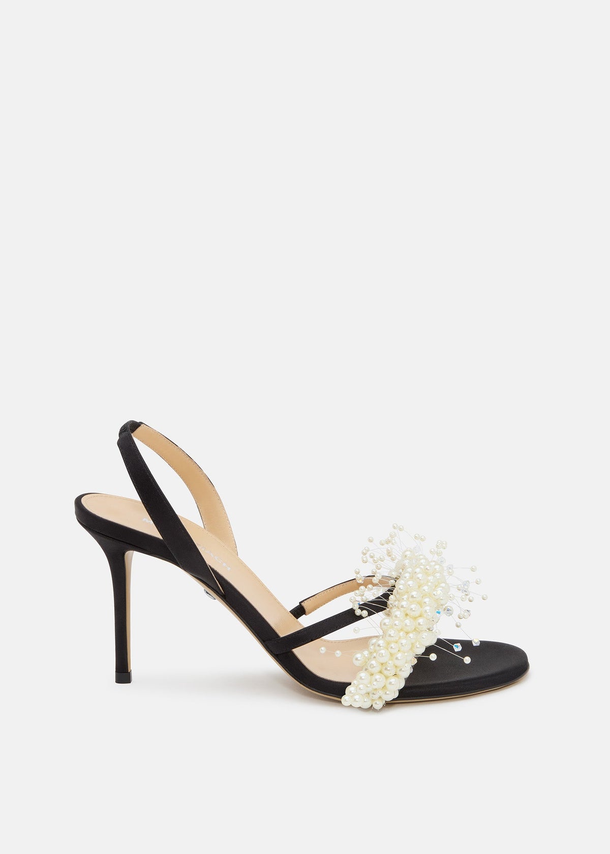 Callista Black Floating Pearl Sandals – front three-quarter view showing floating pearl, satin, white, black, Vowalisse