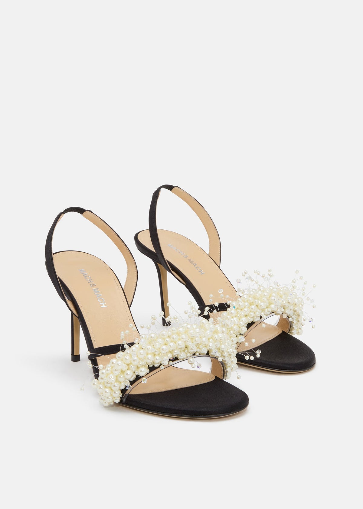 Callista Black Floating Pearl Sandals – side profile showing floating pearl, satin, white, black, Vowalisse