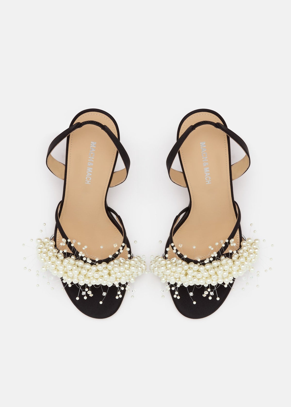 Callista Black Floating Pearl Sandals – crystal detail view showing floating pearl, satin, white, black, Vowalisse
