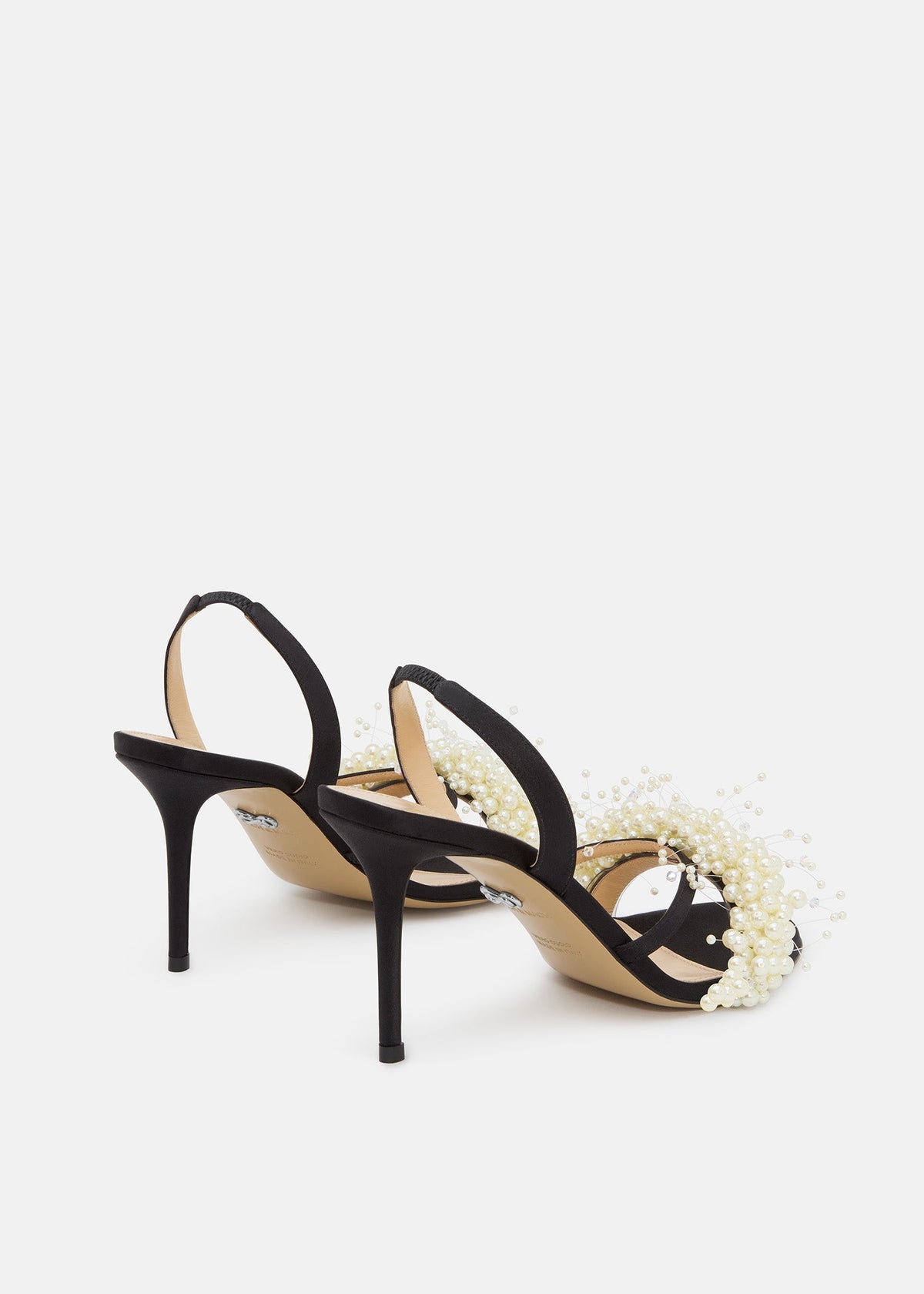 Callista Black Floating Pearl Sandals – heel view showing floating pearl, satin, white, black, Vowalisse
