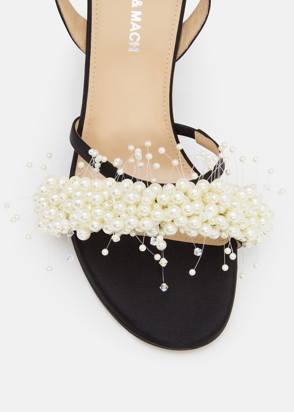Callista Black Floating Pearl Sandals – rear view showing floating pearl, satin, white, black, Vowalisse