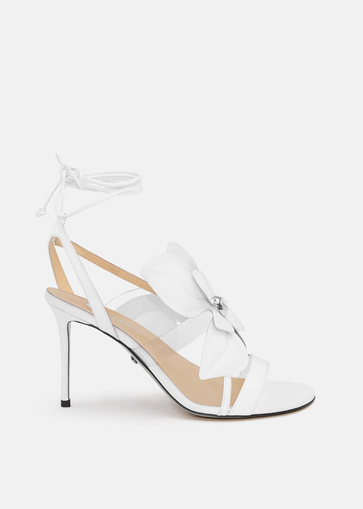 Amelie White Patent Leather Sandals – front three-quarter view showing patent leather, white, Vowalisse