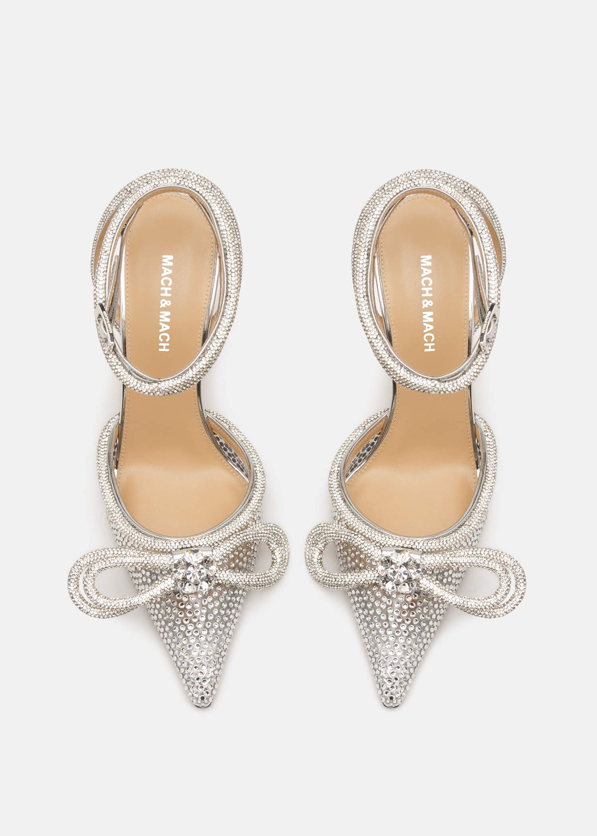 Willow Silver Double Bow Pumps – crystal detail view showing double bow, crystal, satin, silver, Vowalisse