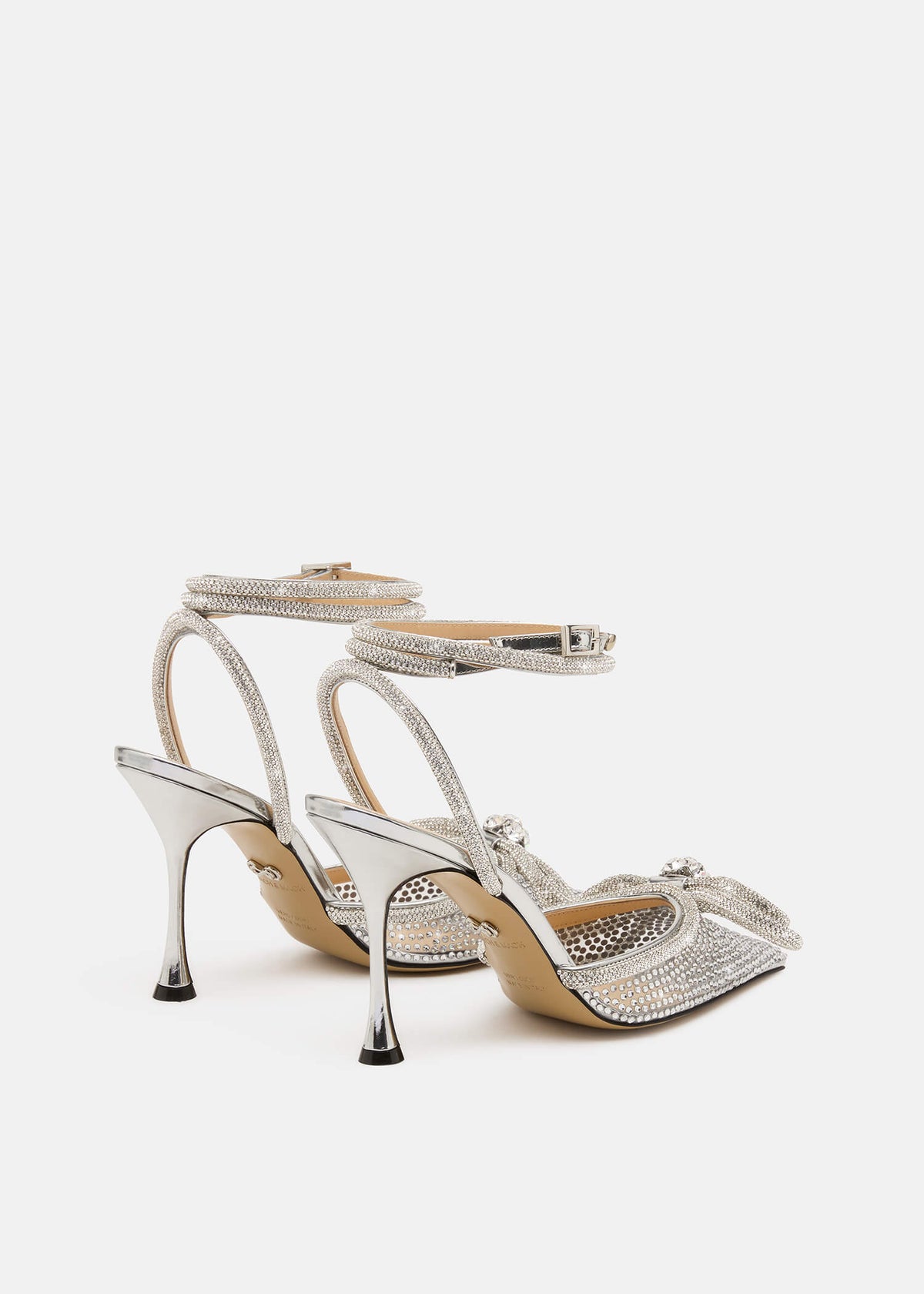 Willow Silver Double Bow Pumps – heel view showing double bow, crystal, satin, silver, Vowalisse