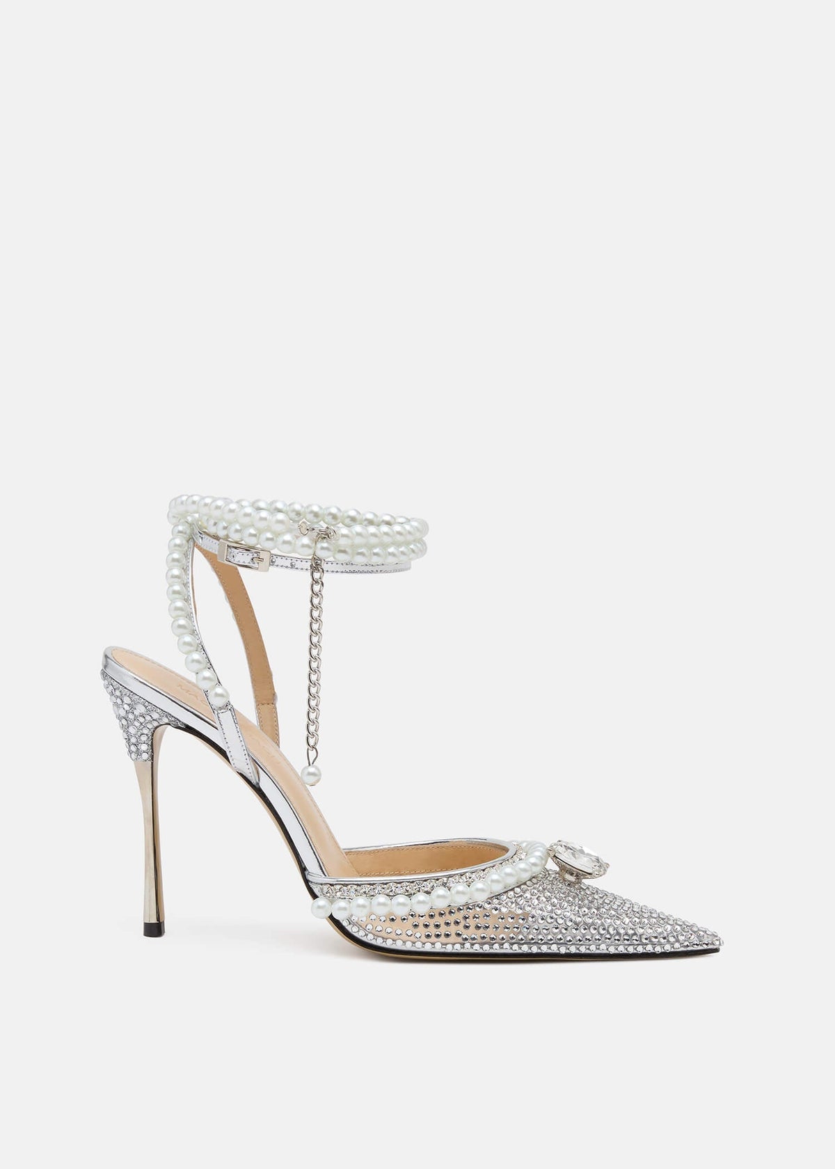 Hazel Silver Crystal Pumps – front three-quarter view showing crystal, pearl, metallic, red, Vowalisse