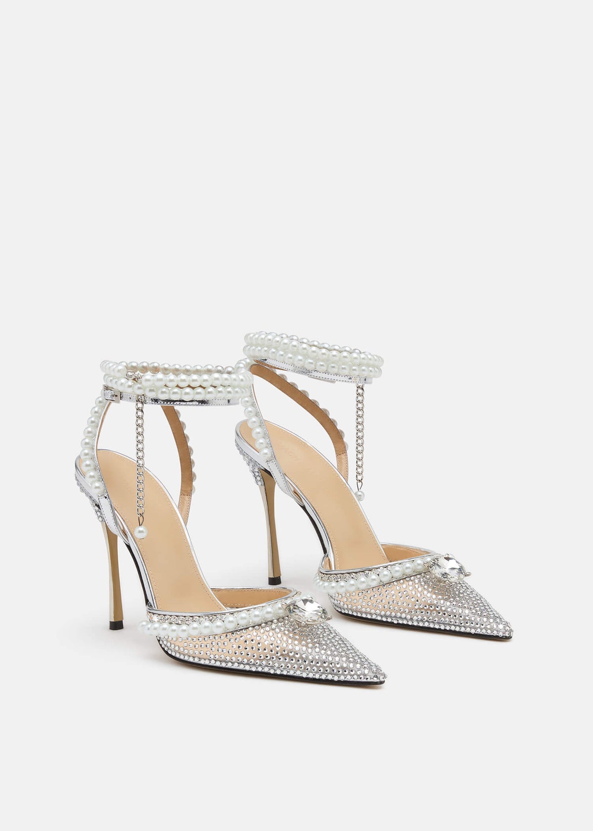 Hazel Silver Crystal Pumps – side profile showing crystal, pearl, metallic, red, Vowalisse
