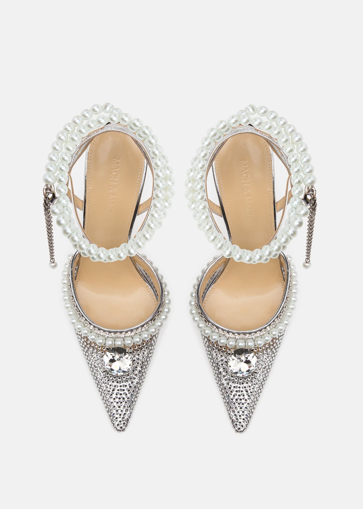 Hazel Silver Crystal Pumps – crystal detail view showing crystal, pearl, metallic, red, Vowalisse