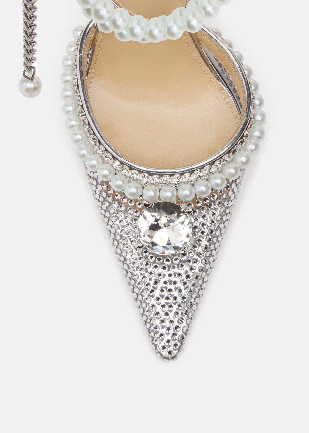 Hazel Silver Crystal Pumps – heel view showing crystal, pearl, metallic, red, Vowalisse