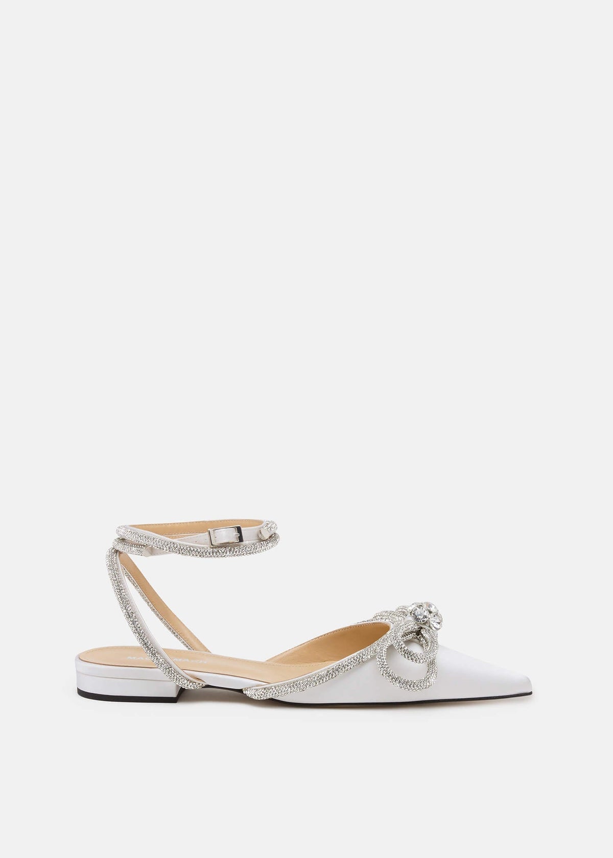 Venetia White Double Bow Flats – front three-quarter view showing double bow, crystal, satin, white, Vowalisse