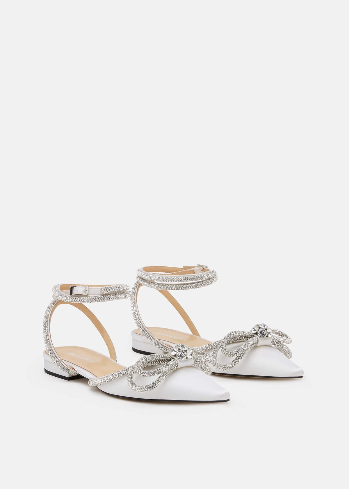 Venetia White Double Bow Flats – side profile showing double bow, crystal, satin, white, Vowalisse