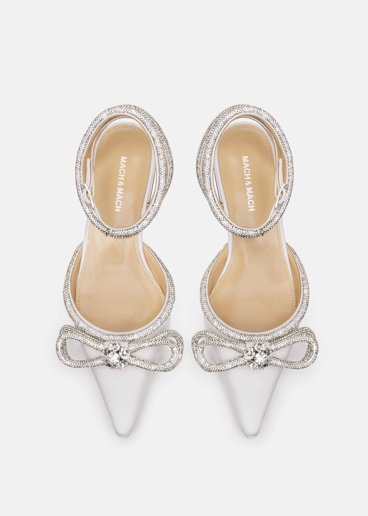 Venetia White Double Bow Flats – crystal detail view showing double bow, crystal, satin, white, Vowalisse