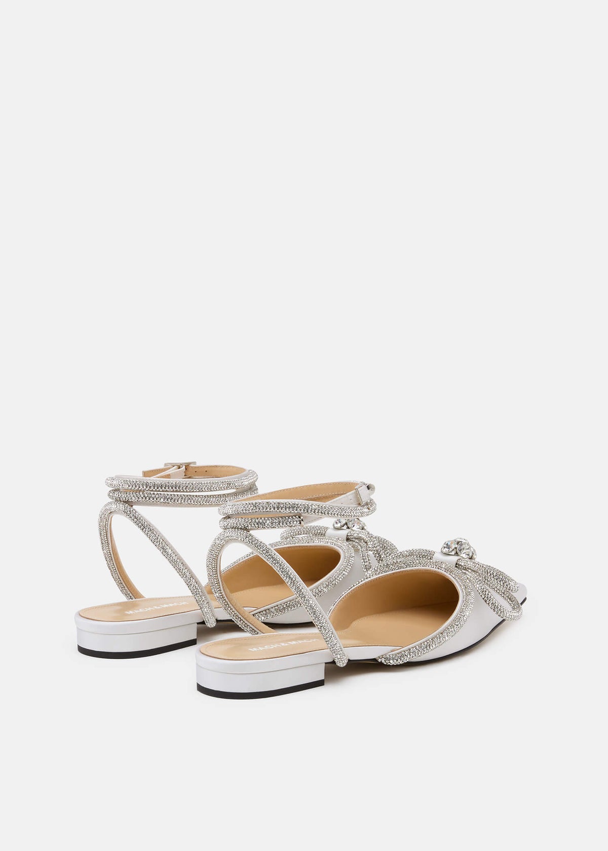 Venetia White Double Bow Flats – heel view showing double bow, crystal, satin, white, Vowalisse
