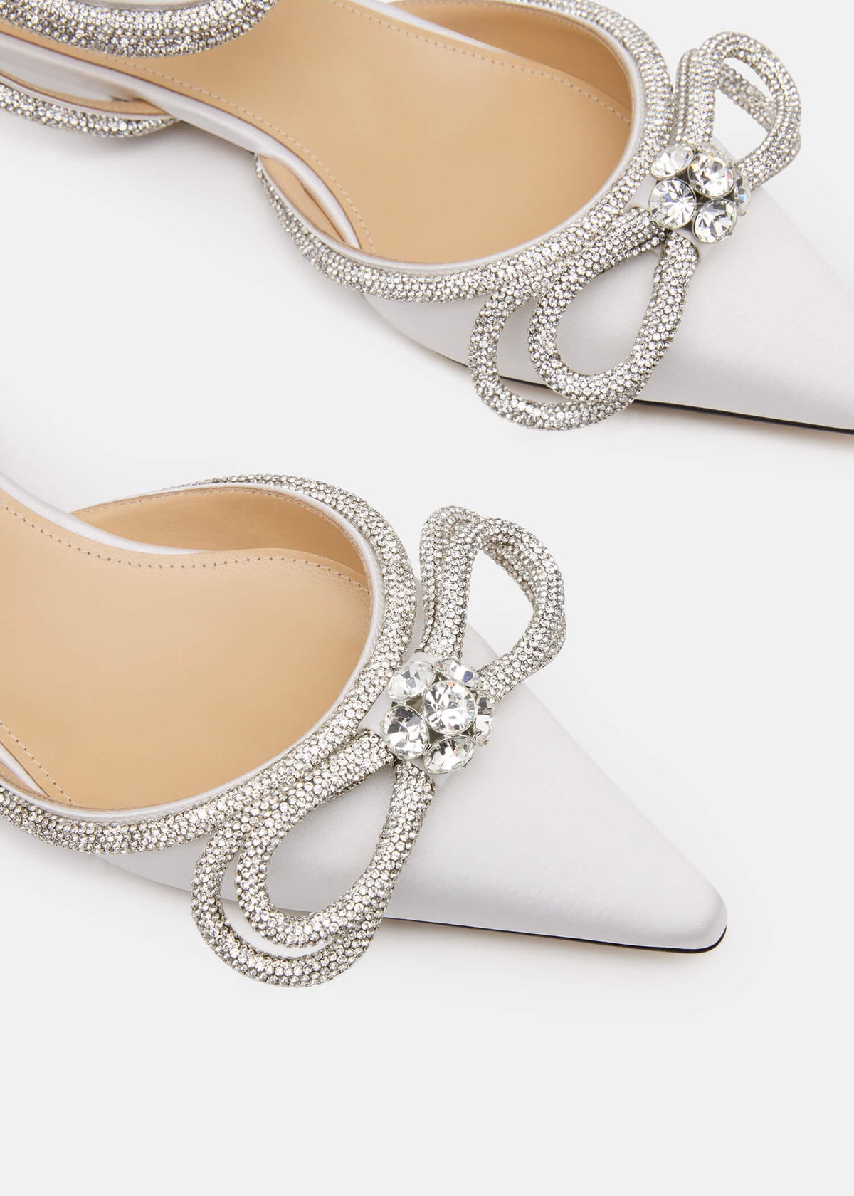 Venetia White Double Bow Flats – rear view showing double bow, crystal, satin, white, Vowalisse