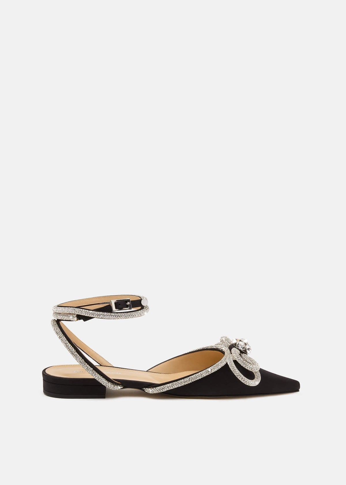 Talia Black Double Bow Flats – front three-quarter view showing double bow, crystal, satin, black, Vowalisse