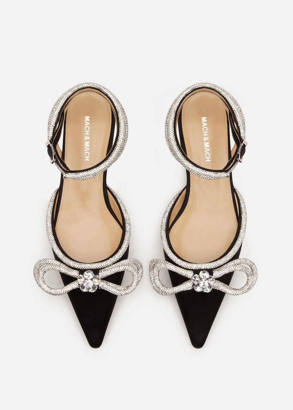 Talia Black Double Bow Flats – crystal detail view showing double bow, crystal, satin, black, Vowalisse
