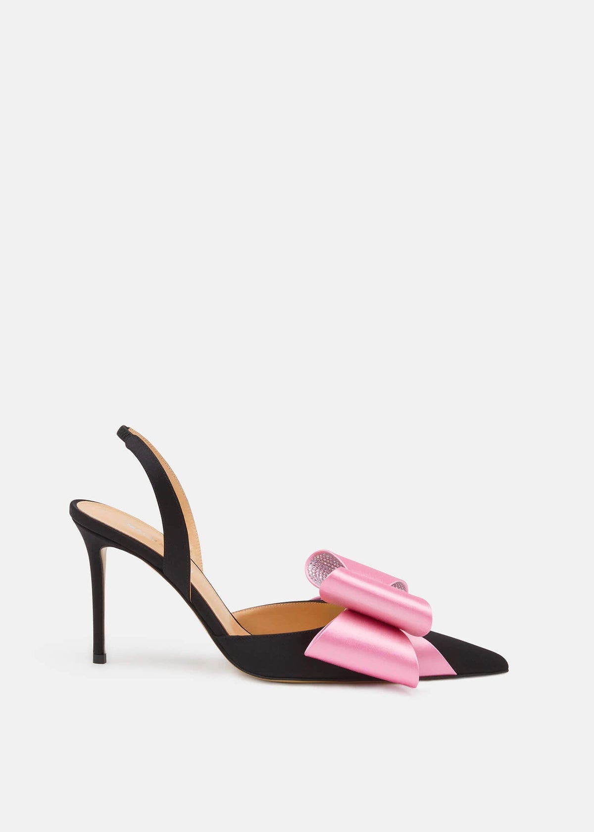 Bellezza Black / Pink Crystal Slingbacks – front three-quarter view showing crystal, satin, pink, black, Vowalisse
