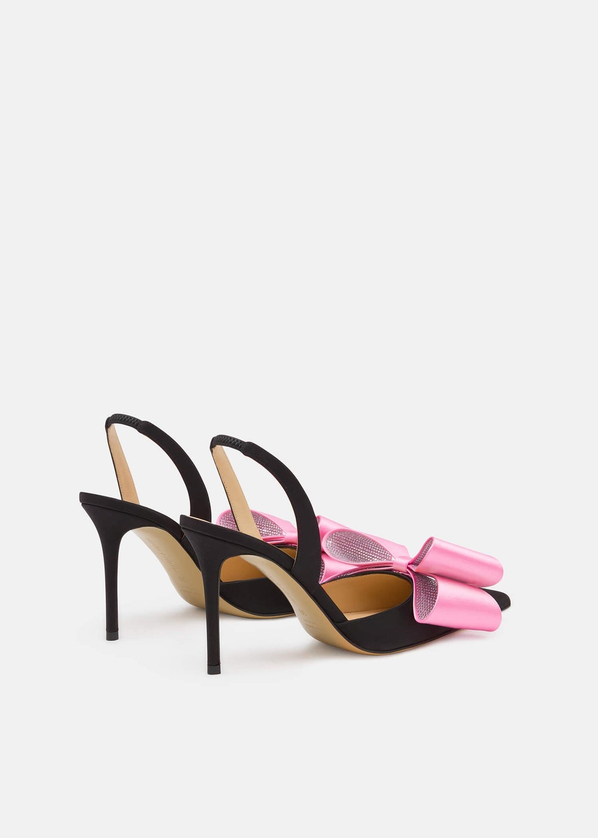 Bellezza Black / Pink Crystal Slingbacks – heel view showing crystal, satin, pink, black, Vowalisse