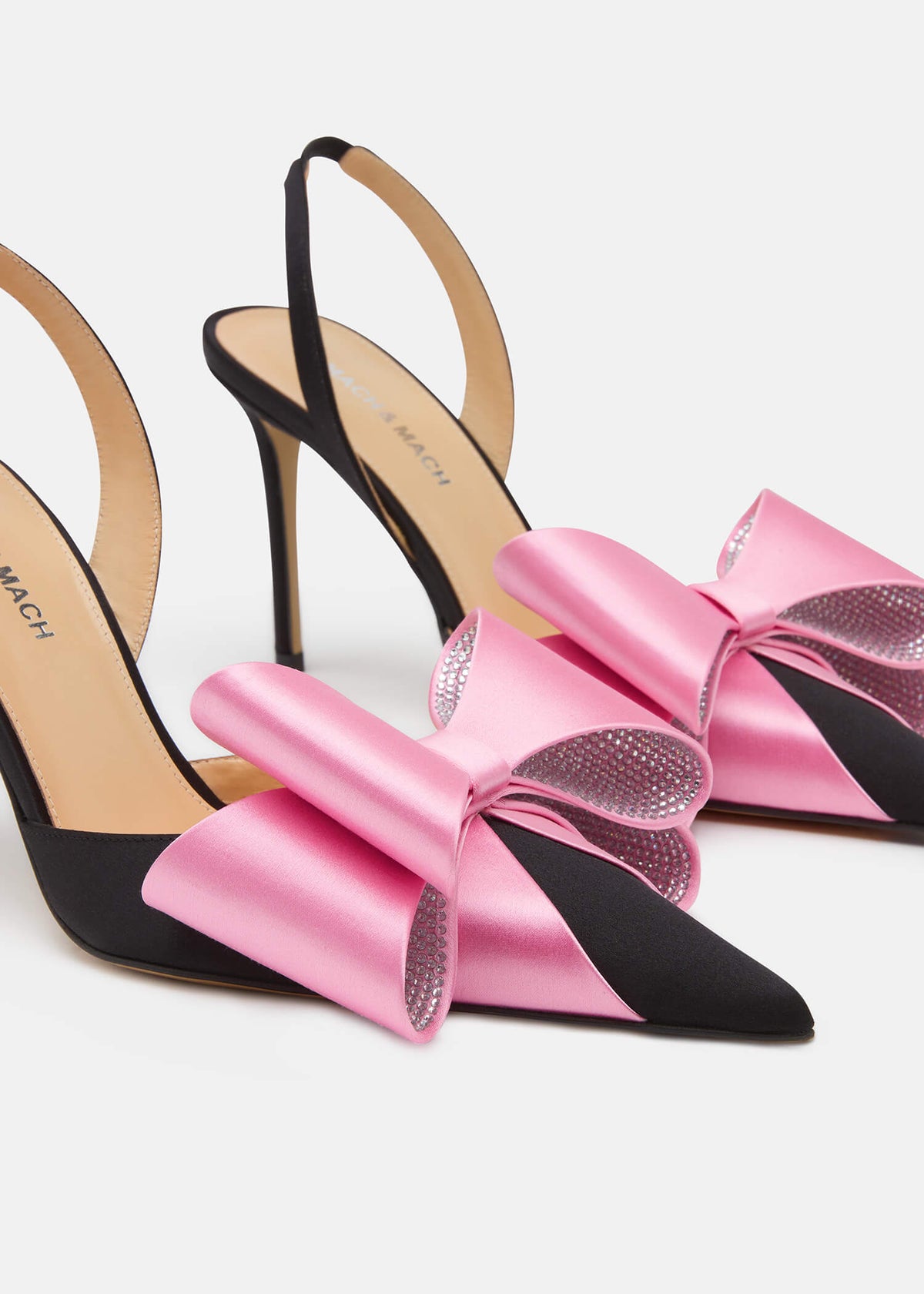 Bellezza Black / Pink Crystal Slingbacks – top view showing crystal, satin, pink, black, Vowalisse