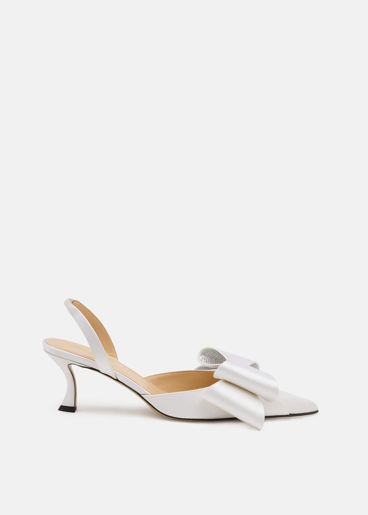 Aurora White Crystal Slingbacks – front three-quarter view showing crystal, satin, white, Vowalisse