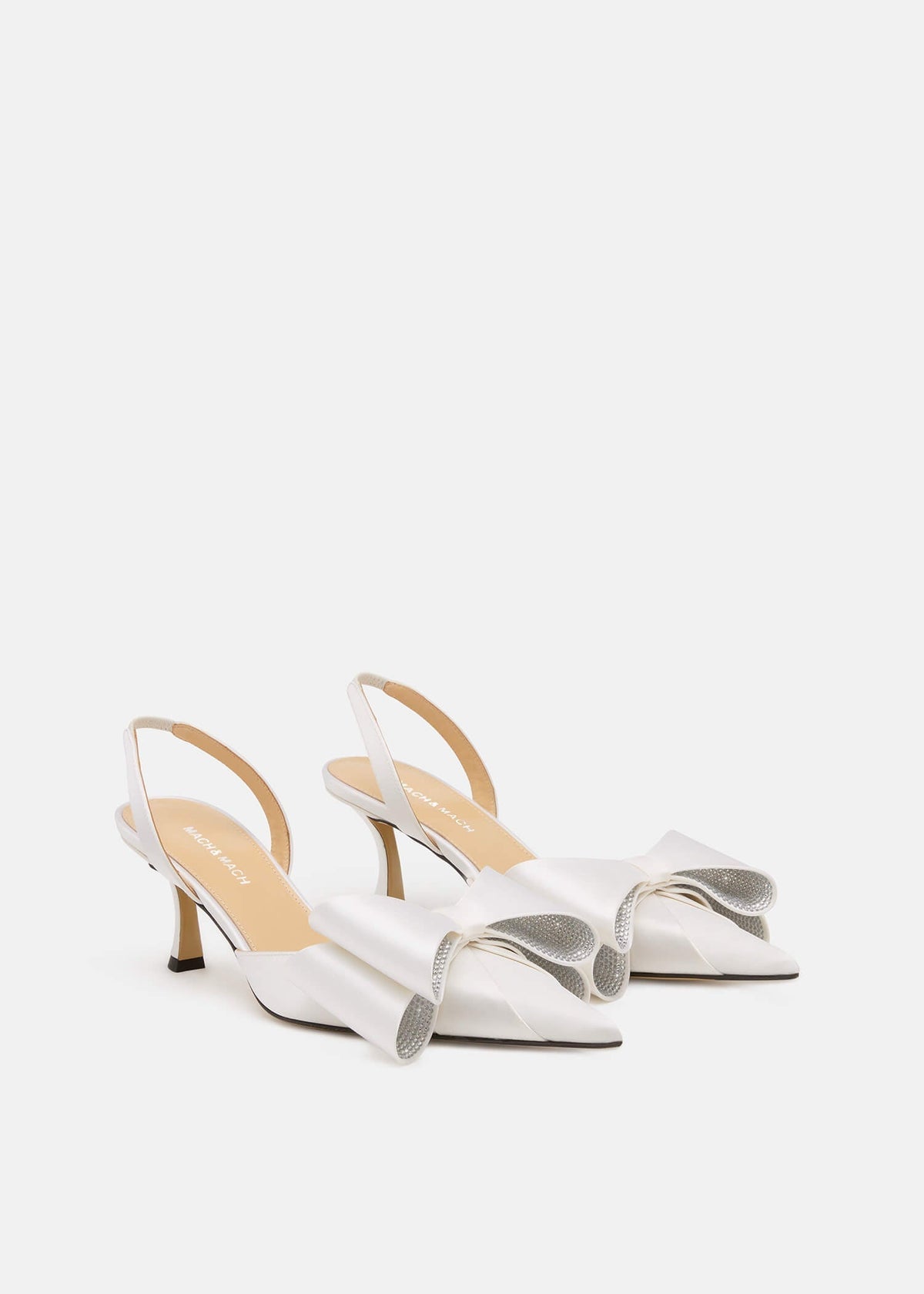 Aurora White Crystal Slingbacks – side profile showing crystal, satin, white, Vowalisse